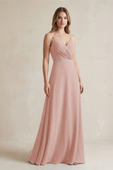 Chiffon A-Line Ruched Cami Strap Bridesmaid Dress  in English Rose | KISSBRIDAL