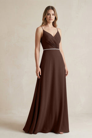 Chiffon A - Line Ruched Cami Strap Bridesmaid Dress in Espresso - SHE IS ME Bridesmaid Dresses