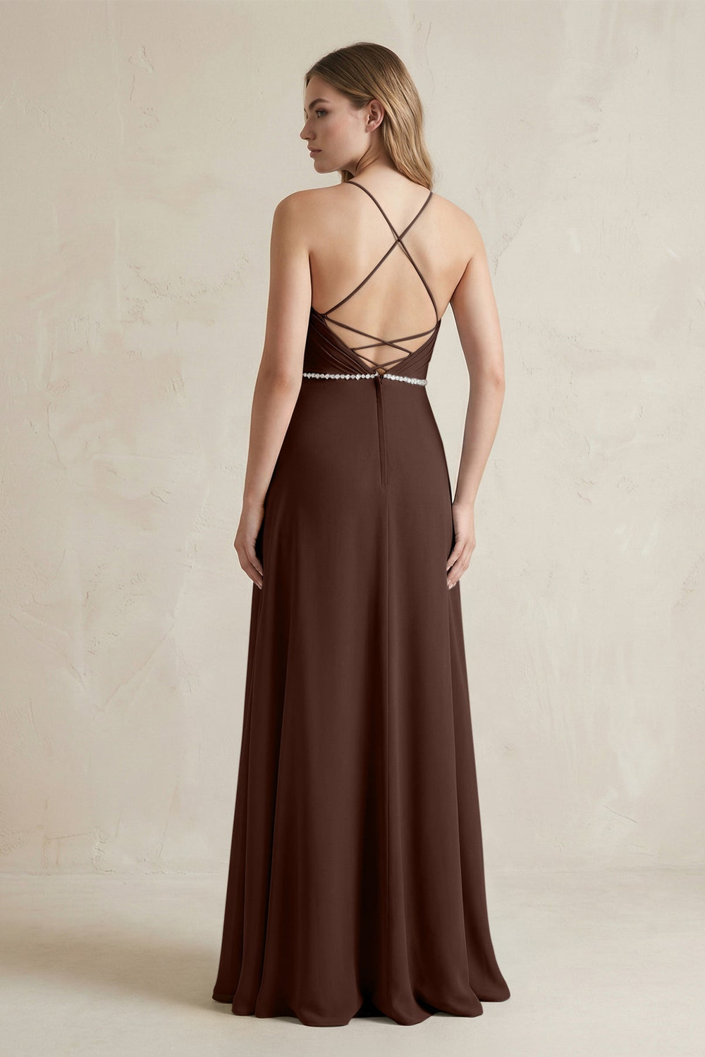 Chiffon A - Line Ruched Cami Strap Bridesmaid Dress in Espresso - KISS BRIDAL Bridesmaid Dresses