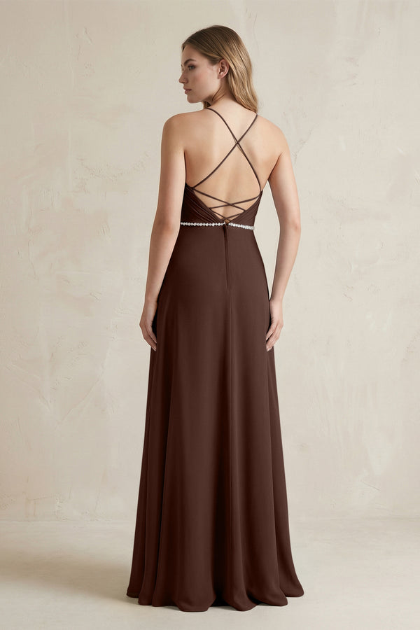 Chiffon A - Line Ruched Cami Strap Bridesmaid Dress in Espresso - SHE IS ME Bridesmaid Dresses