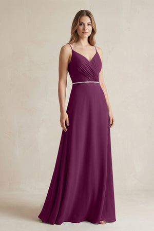 Chiffon A - Line Ruched Cami Strap Bridesmaid Dress in Fig - SHE IS ME Bridesmaid Dresses