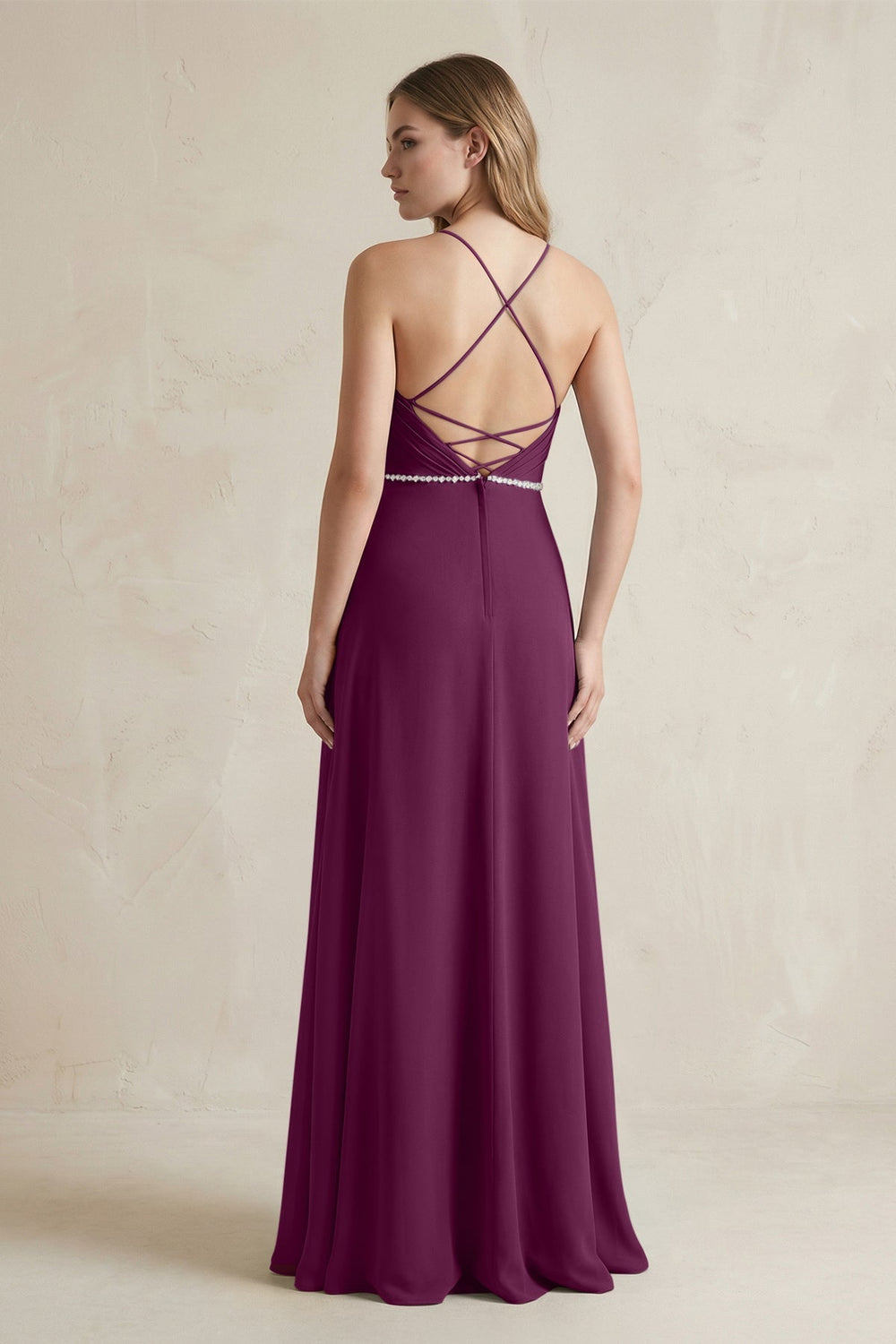 Chiffon A - Line Ruched Cami Strap Bridesmaid Dress in Fig - KISS BRIDAL Bridesmaid Dresses