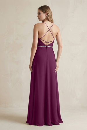 Chiffon A - Line Ruched Cami Strap Bridesmaid Dress in Fig - SHE IS ME Bridesmaid Dresses