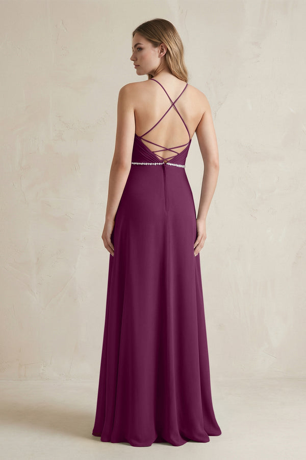 Chiffon A - Line Ruched Cami Strap Bridesmaid Dress in Fig - SHE IS ME Bridesmaid Dresses