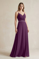 Chiffon A-Line Ruched Cami Strap Bridesmaid Dress  in Fig | KISSBRIDAL