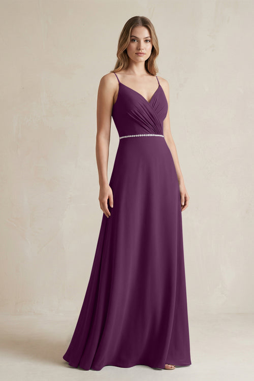 Chiffon A-Line Ruched Cami Strap Bridesmaid Dress  in Fig | KISSBRIDAL