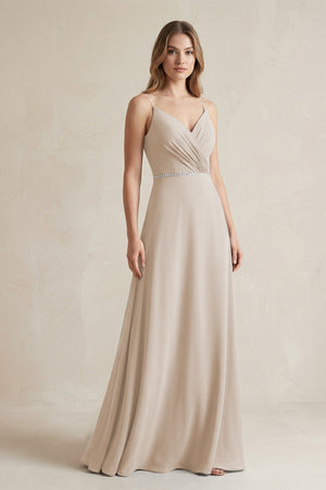 Chiffon A - Line Ruched Cami Strap Bridesmaid Dress in Frost - SHE IS ME Bridesmaid Dresses