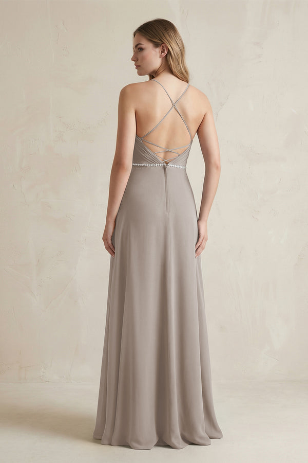 Chiffon A-Line Ruched Cami Strap Bridesmaid Dress  in Frost (2) | KISSBRIDAL
