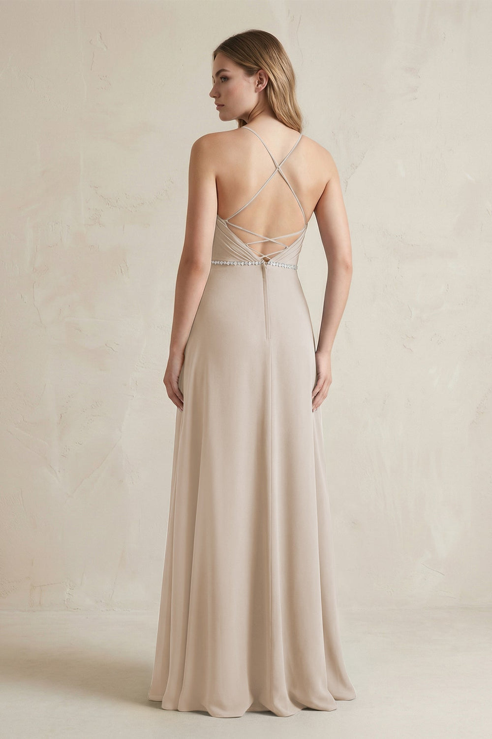 Chiffon A - Line Ruched Cami Strap Bridesmaid Dress in Frost - KISS BRIDAL Bridesmaid Dresses