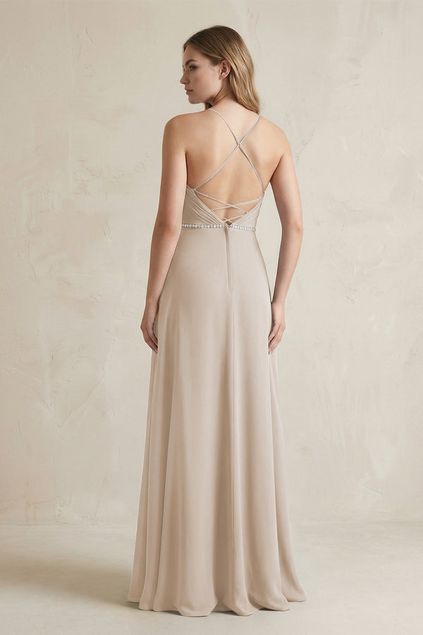 Chiffon A - Line Ruched Cami Strap Bridesmaid Dress in Frost - SHE IS ME Bridesmaid Dresses