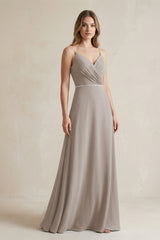 Chiffon A-Line Ruched Cami Strap Bridesmaid Dress  in Frost | KISSBRIDAL