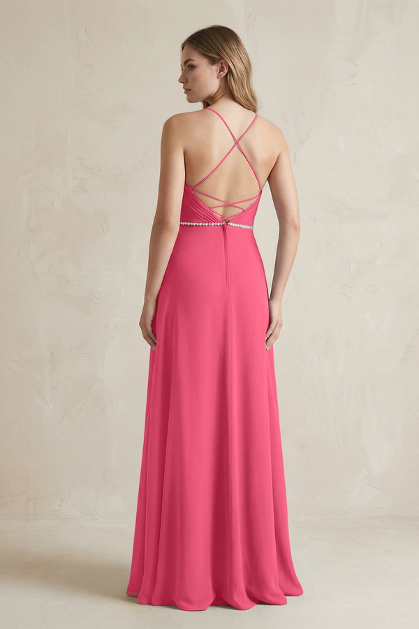 Chiffon A - Line Ruched Cami Strap Bridesmaid Dress in Fuchsia - SHE IS ME Bridesmaid Dresses