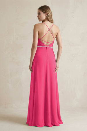 Chiffon A-Line Ruched Cami Strap Bridesmaid Dress  in Fuchsia (2) | KISSBRIDAL