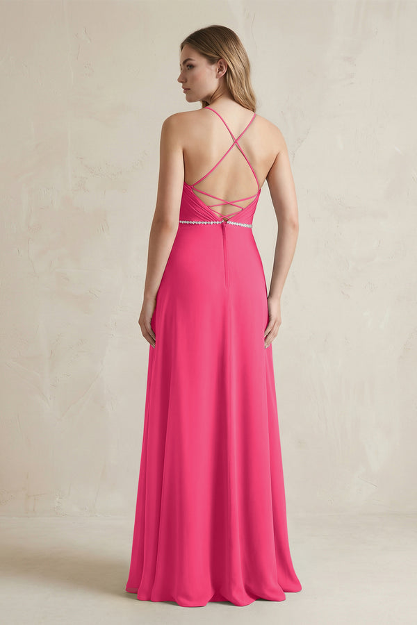 Chiffon A-Line Ruched Cami Strap Bridesmaid Dress  in Fuchsia (2) | KISSBRIDAL