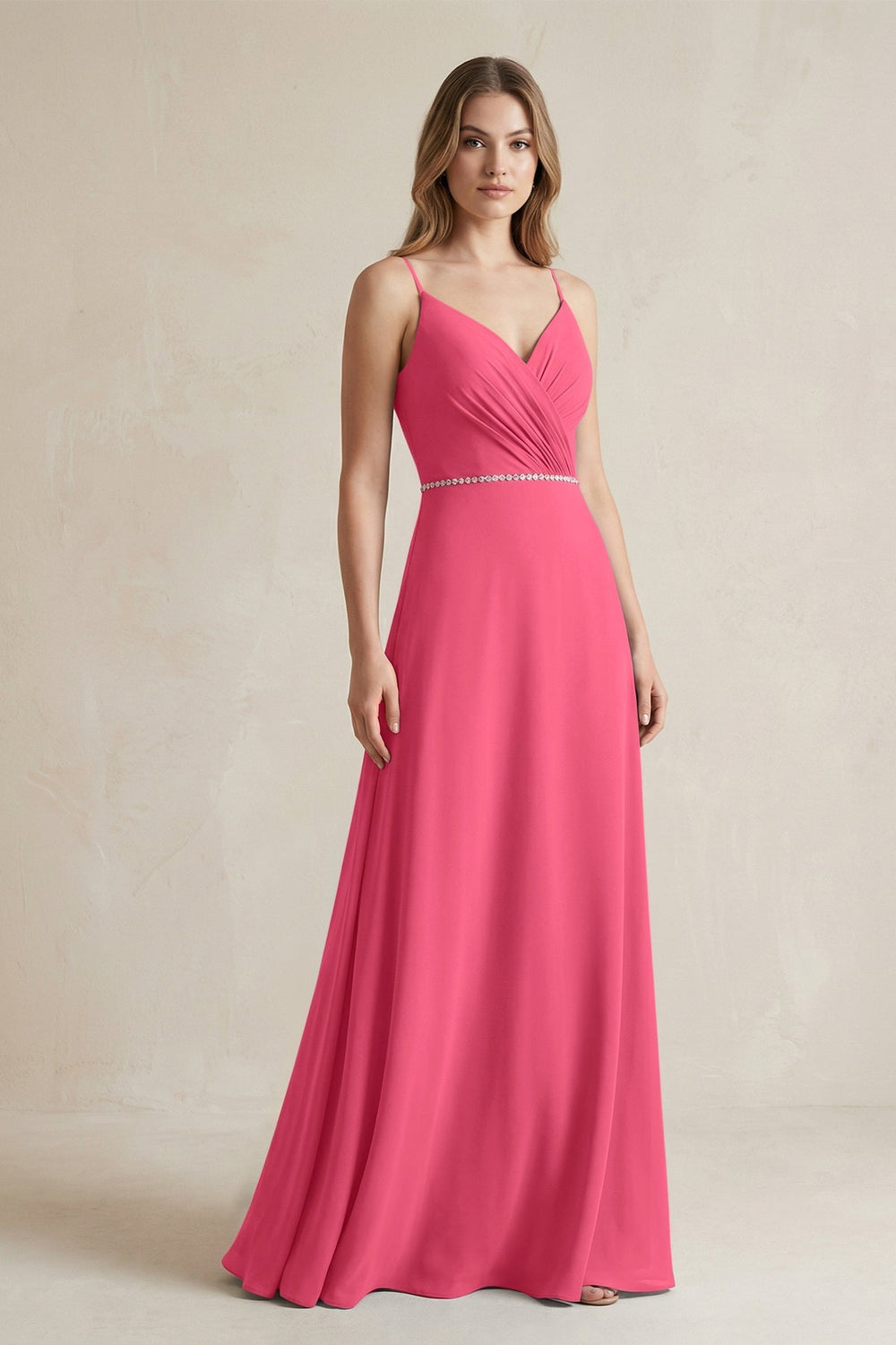 Chiffon A - Line Ruched Cami Strap Bridesmaid Dress in Fuchsia - KISS BRIDAL Bridesmaid Dresses