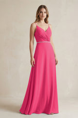 Chiffon A-Line Ruched Cami Strap Bridesmaid Dress  in Fuchsia | KISSBRIDAL