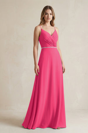 Chiffon A-Line Ruched Cami Strap Bridesmaid Dress  in Fuchsia | KISSBRIDAL