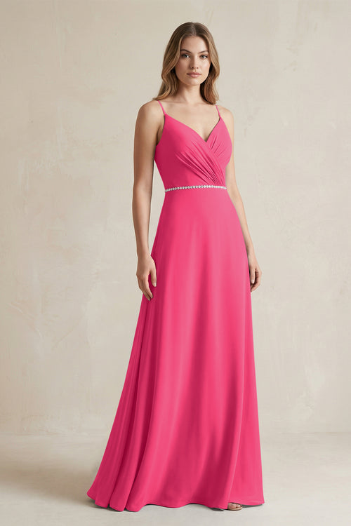 Chiffon A-Line Ruched Cami Strap Bridesmaid Dress  in Fuchsia | KISSBRIDAL