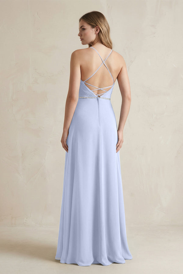 Chiffon A - Line Ruched Cami Strap Bridesmaid Dress in Ice - SHE IS ME Bridesmaid Dresses