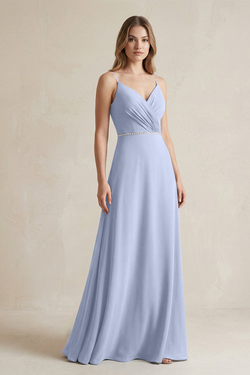 Chiffon A-Line Ruched Cami Strap Bridesmaid Dress  in Ice | KISSBRIDAL