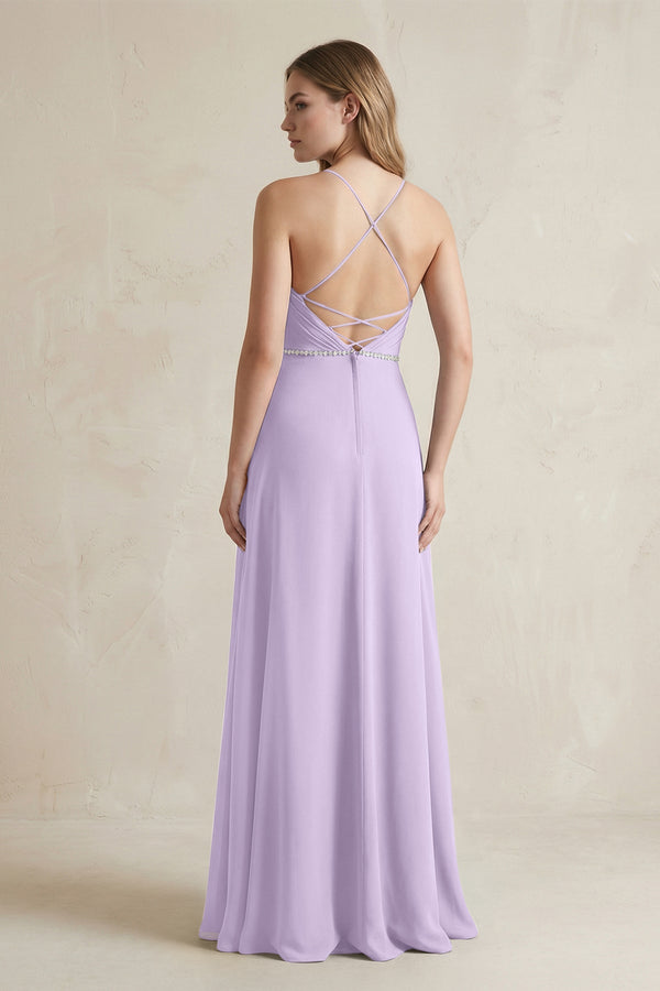 Chiffon A - Line Ruched Cami Strap Bridesmaid Dress in Lavender - SHE IS ME Bridesmaid Dresses