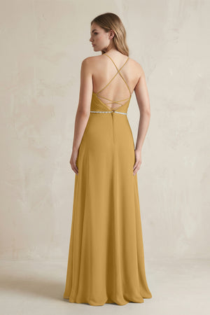 Chiffon A-Line Ruched Cami Strap Bridesmaid Dress  in Marigold (2) | KISSBRIDAL