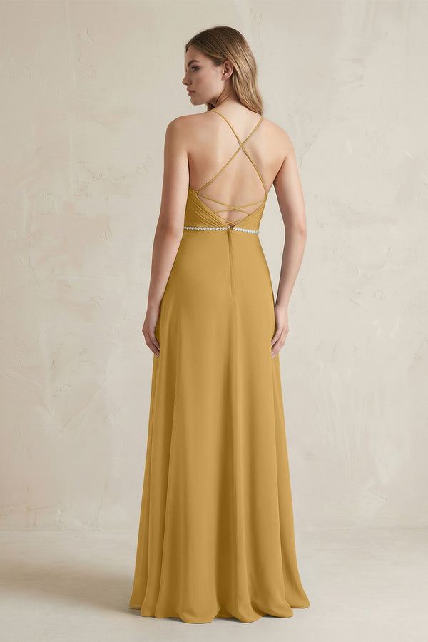 Chiffon A-Line Ruched Cami Strap Bridesmaid Dress  in Marigold (2) | KISSBRIDAL