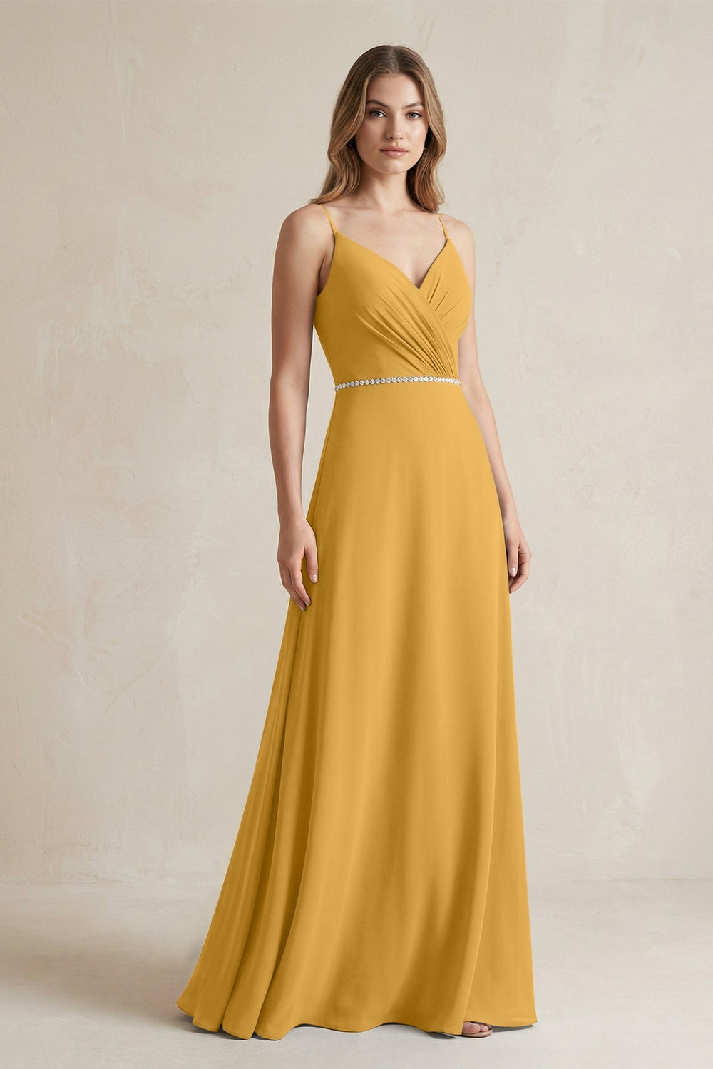 Chiffon A - Line Ruched Cami Strap Bridesmaid Dress in Marigold - KISS BRIDAL Bridesmaid Dresses