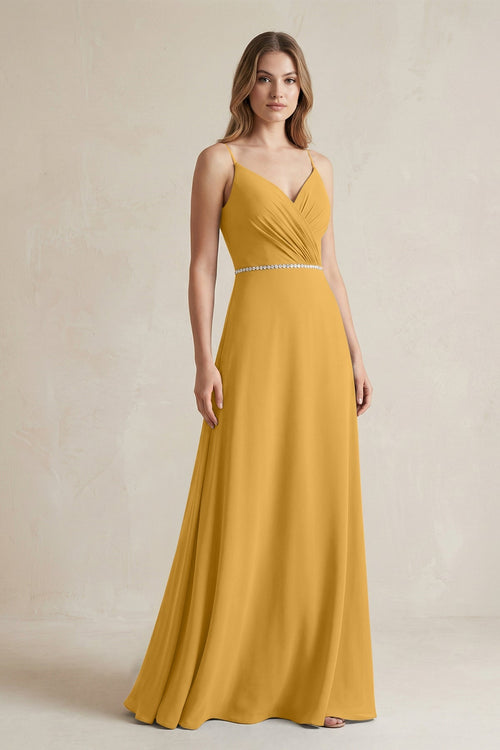 Chiffon A - Line Ruched Cami Strap Bridesmaid Dress in Marigold - SHE IS ME Bridesmaid Dresses
