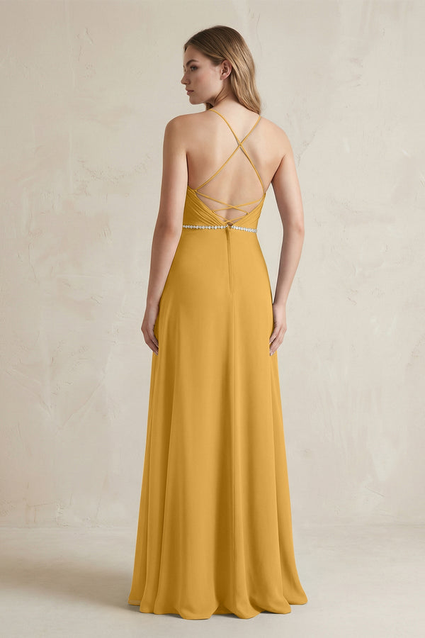 Chiffon A - Line Ruched Cami Strap Bridesmaid Dress in Marigold - SHE IS ME Bridesmaid Dresses