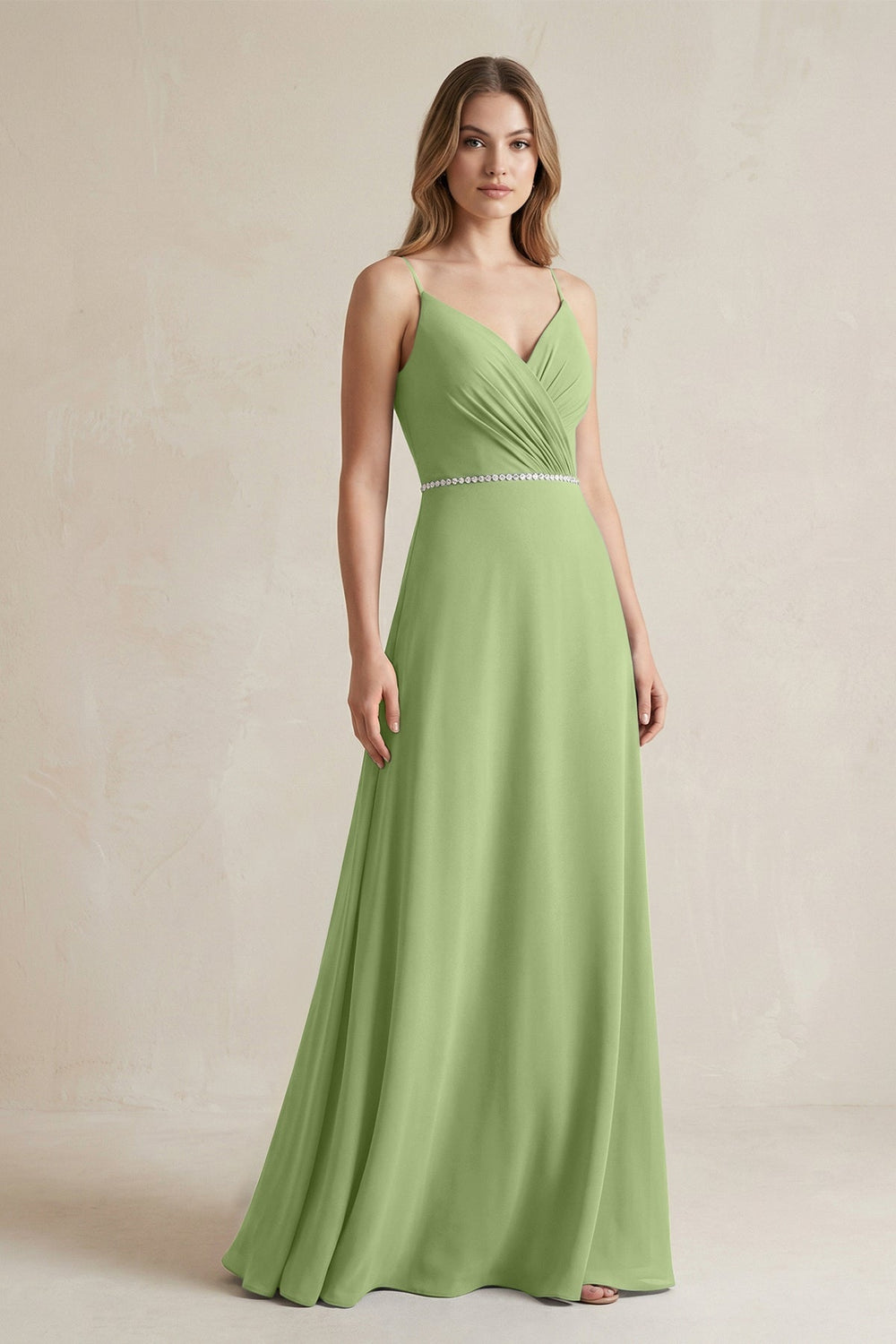 Chiffon A - Line Ruched Cami Strap Bridesmaid Dress in Matcha - KISS BRIDAL Bridesmaid Dresses