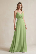 Chiffon A - Line Ruched Cami Strap Bridesmaid Dress in Matcha - SHE IS ME Bridesmaid Dresses