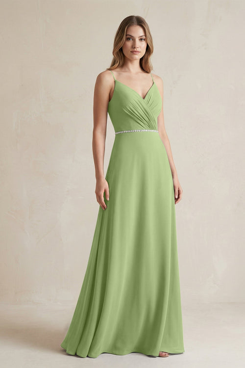 Chiffon A - Line Ruched Cami Strap Bridesmaid Dress in Matcha - SHE IS ME Bridesmaid Dresses