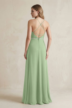 Chiffon A-Line Ruched Cami Strap Bridesmaid Dress  in Matcha (2) | KISSBRIDAL