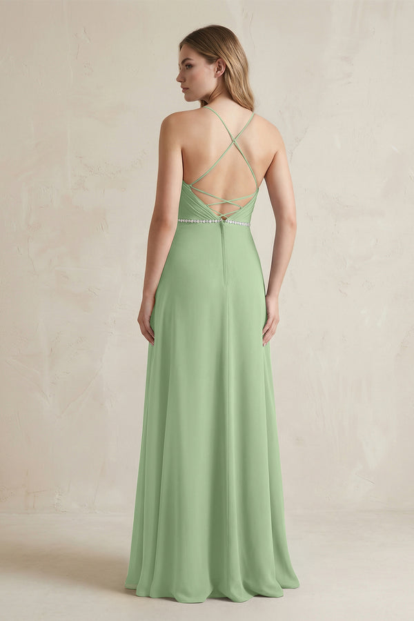 Chiffon A-Line Ruched Cami Strap Bridesmaid Dress  in Matcha (2) | KISSBRIDAL