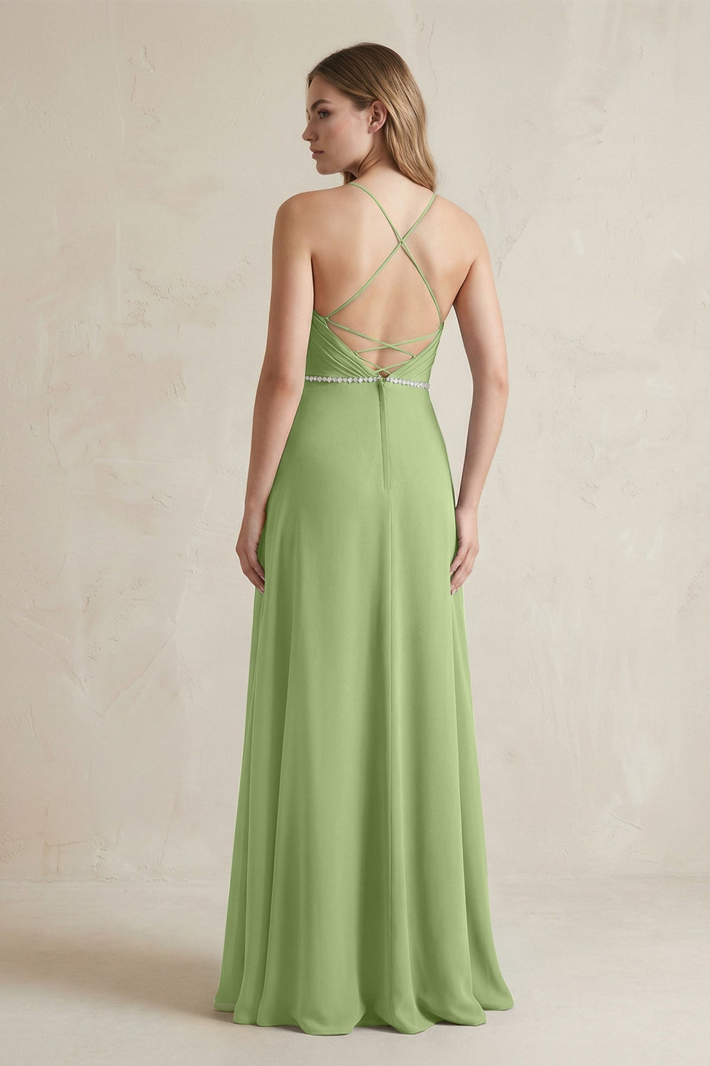 Chiffon A - Line Ruched Cami Strap Bridesmaid Dress in Matcha - KISS BRIDAL Bridesmaid Dresses