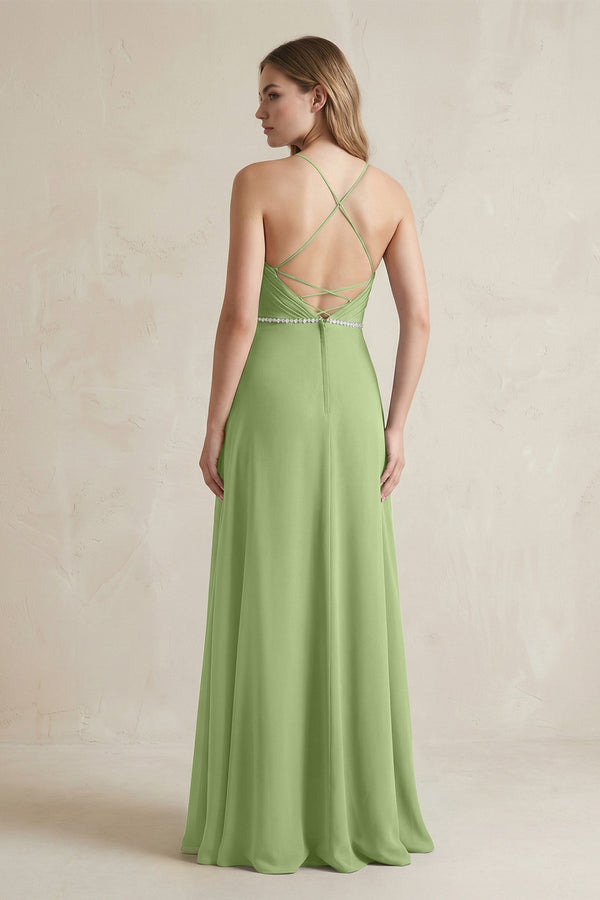 Chiffon A - Line Ruched Cami Strap Bridesmaid Dress in Matcha - SHE IS ME Bridesmaid Dresses