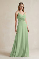 Chiffon A-Line Ruched Cami Strap Bridesmaid Dress  in Matcha | KISSBRIDAL