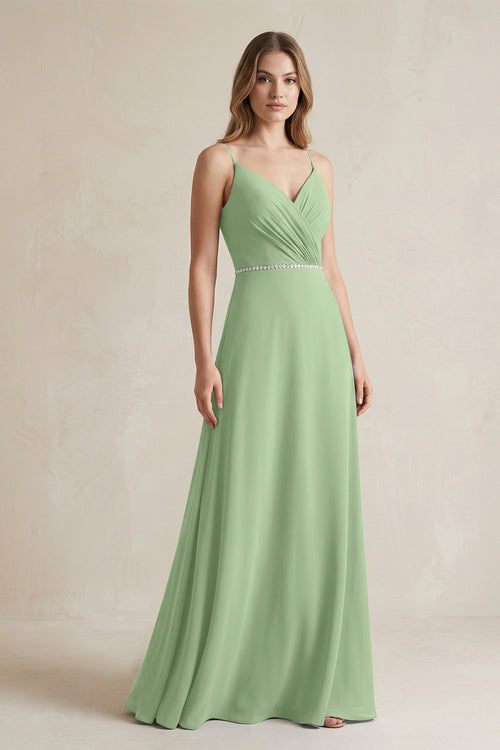 Chiffon A-Line Ruched Cami Strap Bridesmaid Dress  in Matcha | KISSBRIDAL