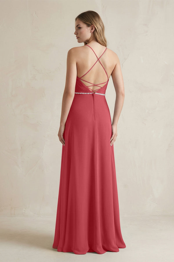 Chiffon A - Line Ruched Cami Strap Bridesmaid Dress in Merlot - SHE IS ME Bridesmaid Dresses