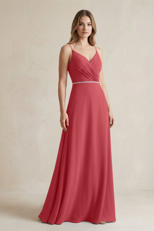Chiffon A - Line Ruched Cami Strap Bridesmaid Dress in Merlot - SHE IS ME Bridesmaid Dresses