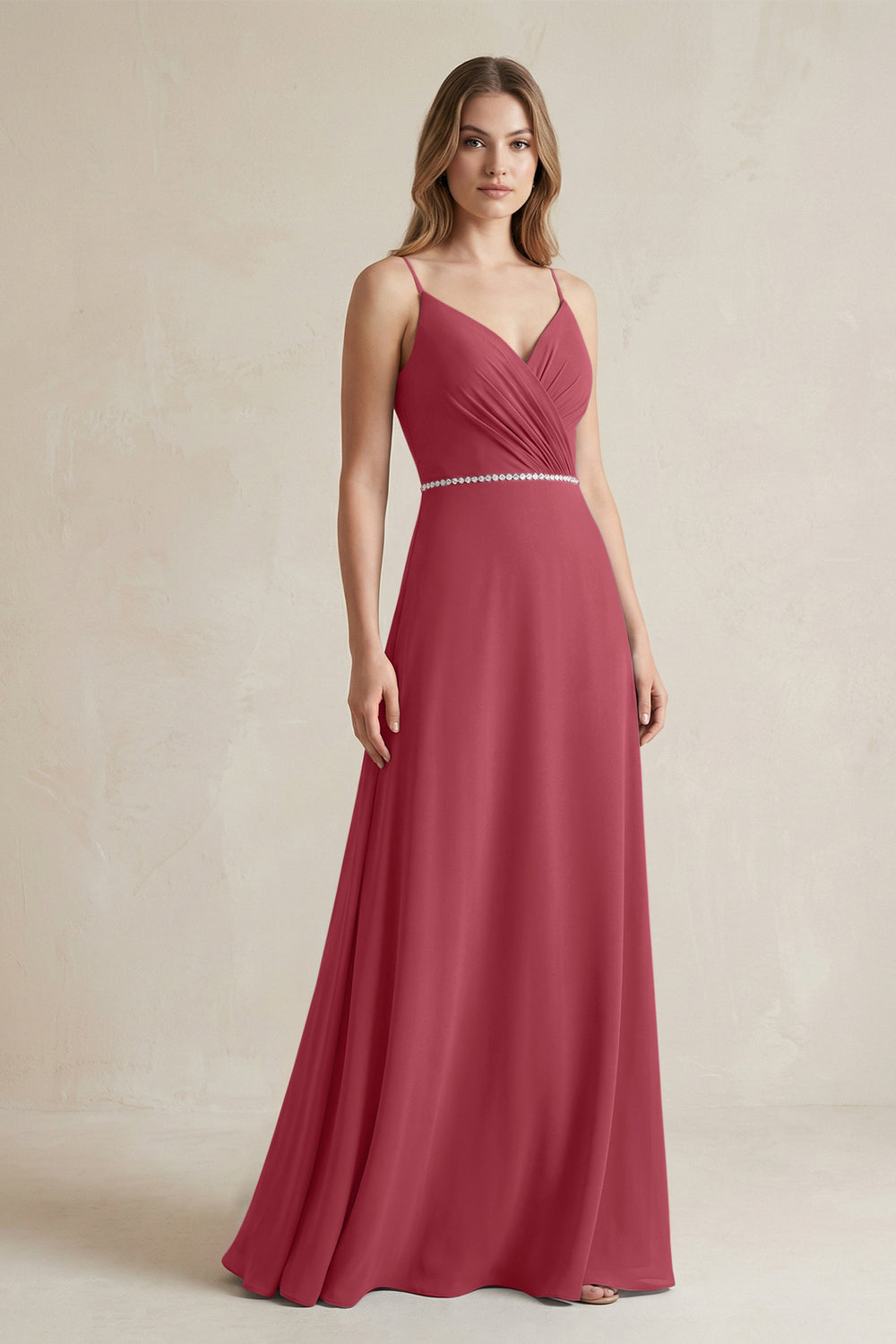 Chiffon A-Line Ruched Cami Strap Bridesmaid Dress  in Merlot