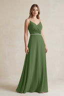 Chiffon A - Line Ruched Cami Strap Bridesmaid Dress in Moss - SHE IS ME Bridesmaid Dresses