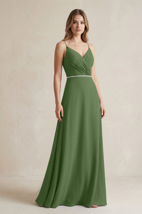 Chiffon A - Line Ruched Cami Strap Bridesmaid Dress in Moss - SHE IS ME Bridesmaid Dresses