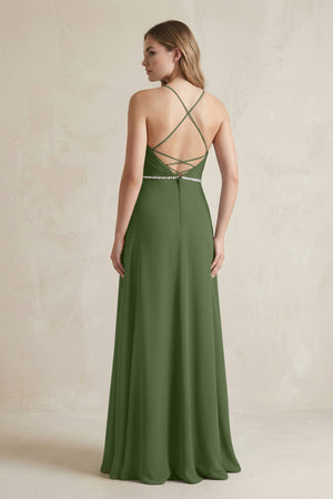 Chiffon A-Line Ruched Cami Strap Bridesmaid Dress  in Moss (2) | KISSBRIDAL