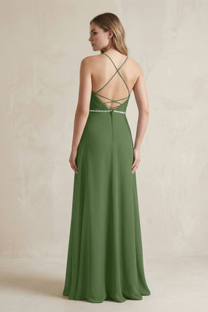 Chiffon A - Line Ruched Cami Strap Bridesmaid Dress in Moss - SHE IS ME Bridesmaid Dresses