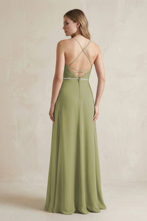 Chiffon A - Line Ruched Cami Strap Bridesmaid Dress in Moss Green - SHE IS ME Bridesmaid Dresses