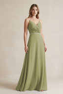 Chiffon A - Line Ruched Cami Strap Bridesmaid Dress in Moss Green - SHE IS ME Bridesmaid Dresses