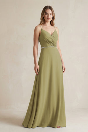 Chiffon A-Line Ruched Cami Strap Bridesmaid Dress  in Moss Green | KISSBRIDAL
