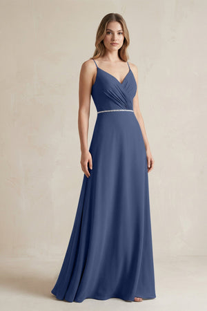Chiffon A - Line Ruched Cami Strap Bridesmaid Dress in Navy - SHE IS ME Bridesmaid Dresses
